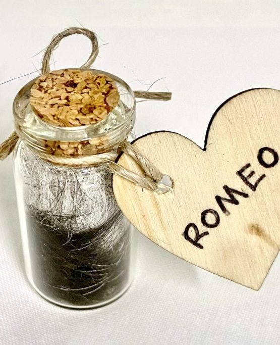 Lock of fur in a glass container (included in the forever package)